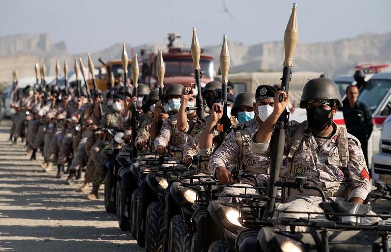 Members of the Iranian army take part in the annual military drill in the Gulf of Oman, September 7. WANA via REUTERS